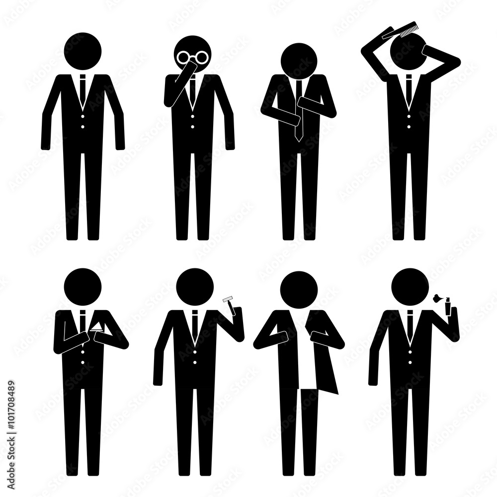 Business man getting ready iwth various object & action infographic icon vector sign symbol pictogram Business man getting ready iwth various object & action infographic icon vector sign symbol pictogram