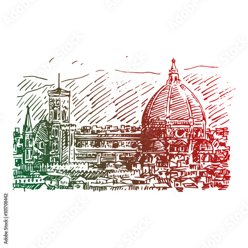 Cathedral of Saint Mary of the Flower in Florence, Italy. Vector hand drawn sketch.