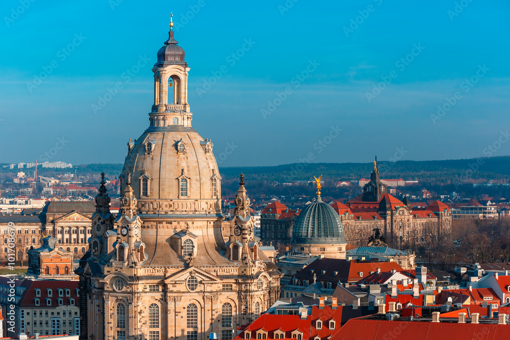 Obraz premium Aerial view over Frauenkirche and glass dome of Academy of Fine Arts or Lemon Squeezer and roofs of old Dresden, Saxony, Germany