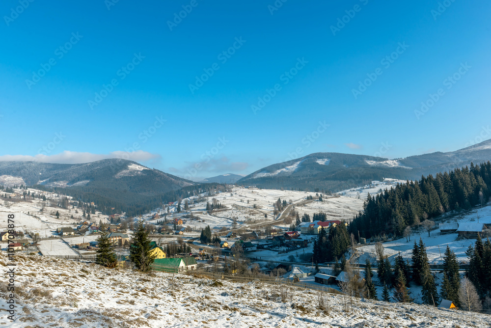 Village in mountains Carpathians in winter. Ukraine.

