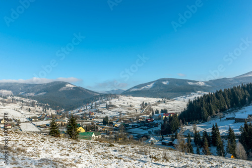 Village in mountains Carpathians in winter. Ukraine. 