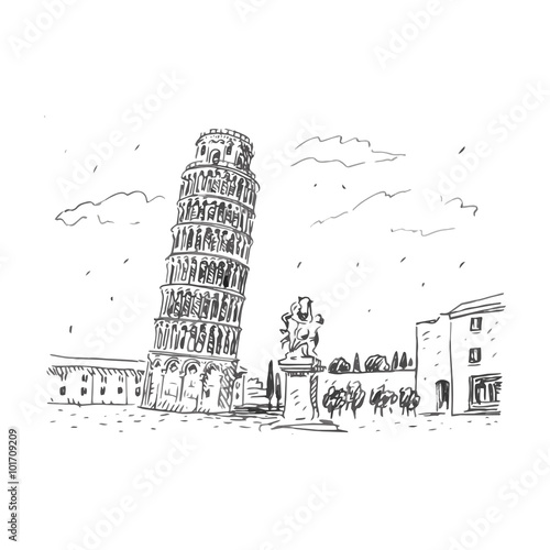 View of the Leaning Tower of Pisa, Italy. Vector hand drawn sketch.