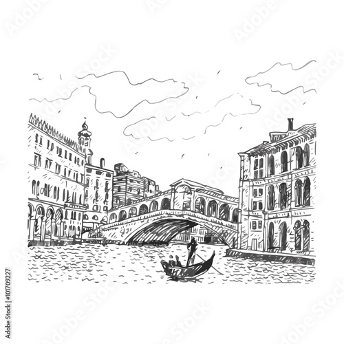The Rialto Bridge in Venice, Italy. Vector hand drawn sketch.