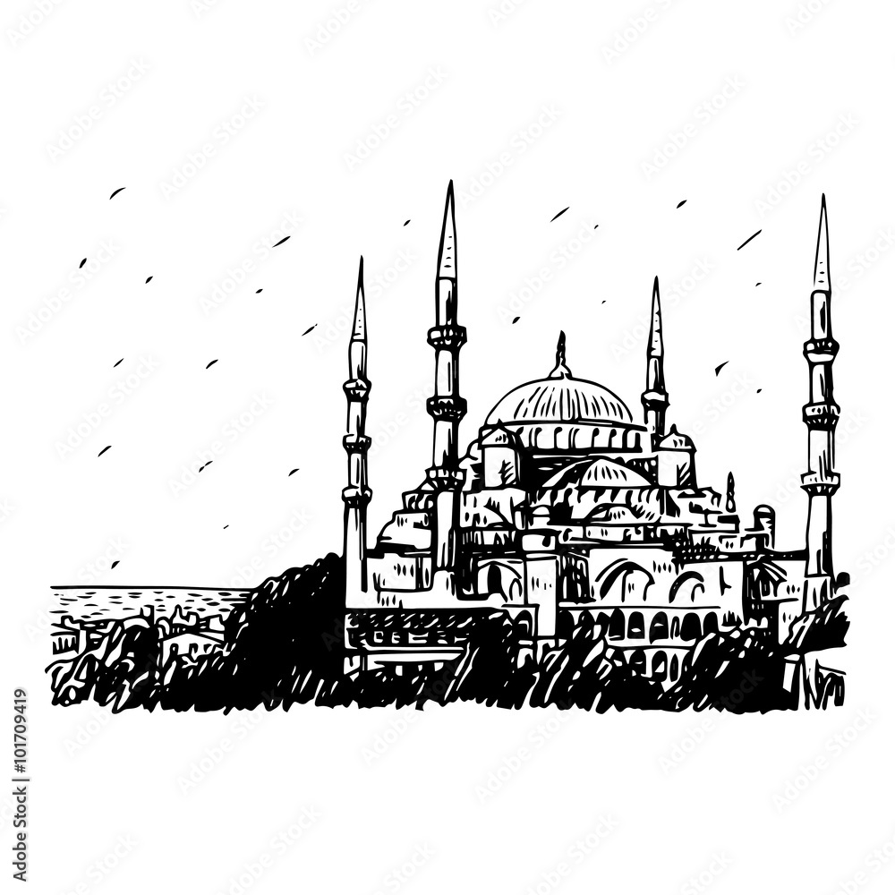 Blue Mosque, Istanbul, Turkey. Vector freehand pencil sketch.