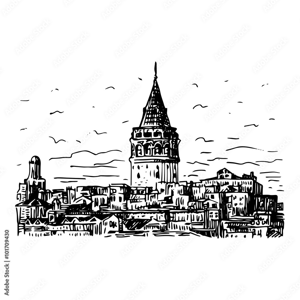 The Galata Tower, Istanbul, Turkey. Vector freehand pencil sketch.