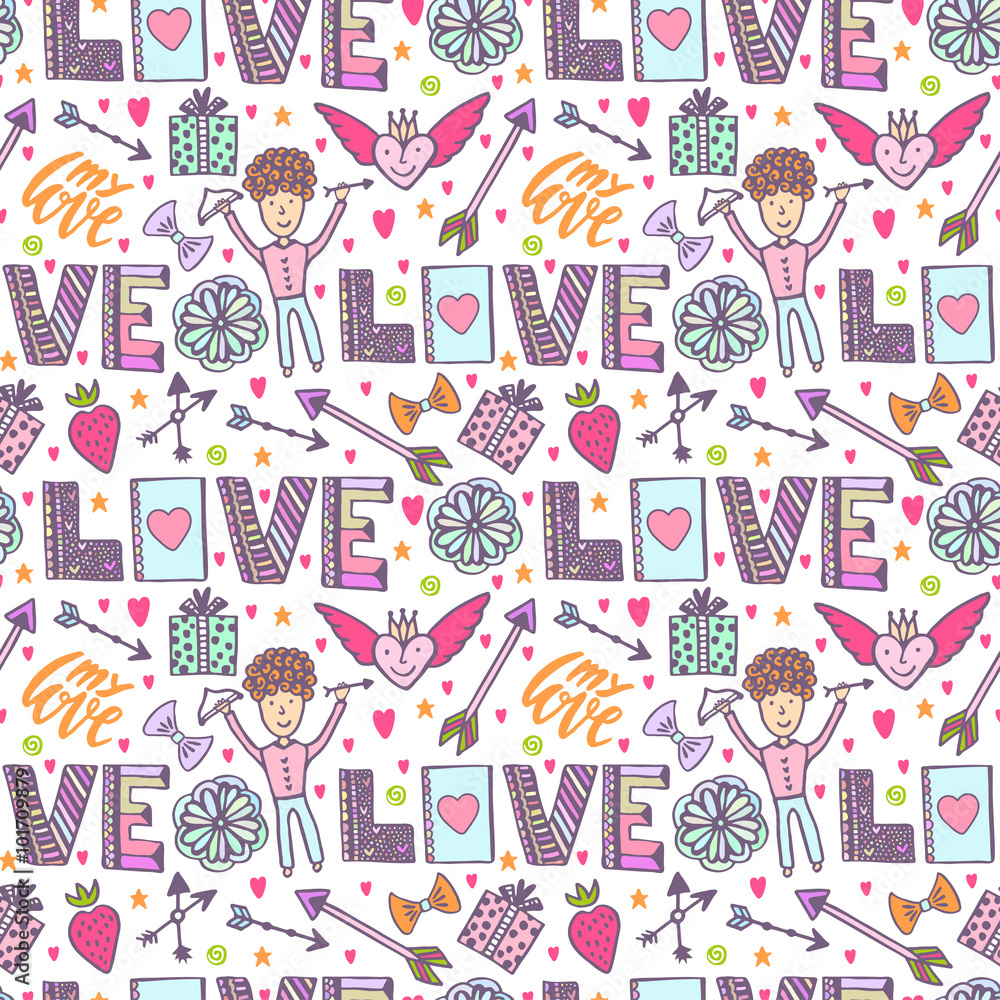 Valentines day romantic background. Vector creative pattern with cupid angel, arrows and love words. Creative seamless print Valentines day romantic background. Vector creative pattern with cupid angel, arrows and love words. Creative seamless print