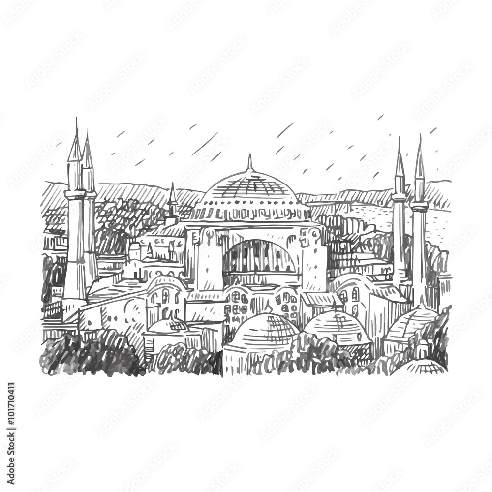 Fototapeta premium Hagia Sophia, Istanbul, Turkey. Vector freehand pencil sketch.