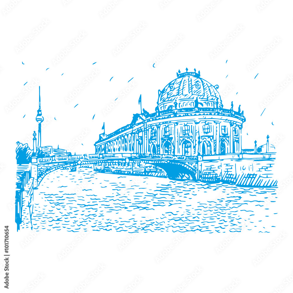 Bode museum on Spree river and Alexanderplatz TV tower in center of Berlin, Germany. Vector hand drawn sketch.
