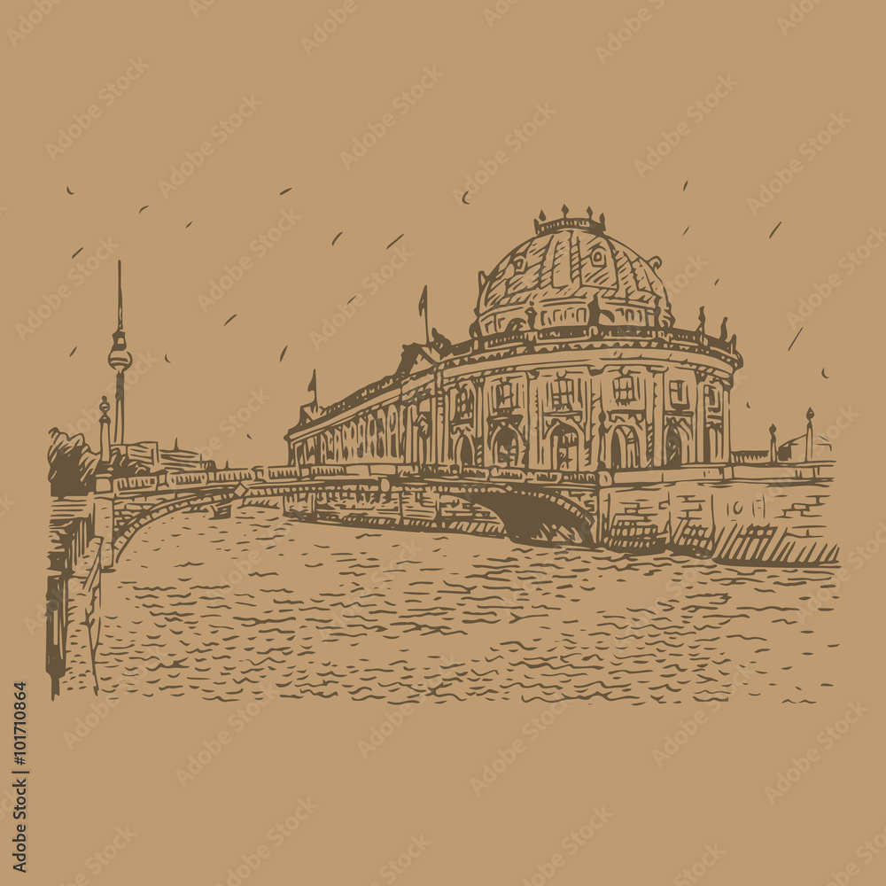 Bode museum on Spree river and Alexanderplatz TV tower in center of Berlin, Germany. Vector hand drawn sketch.