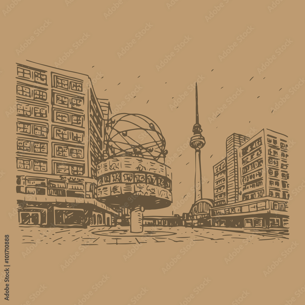 Fototapeta premium TV tower and world clock at Alexanderplatz train station, Berlin, Germany. Vector hand drawn sketch.