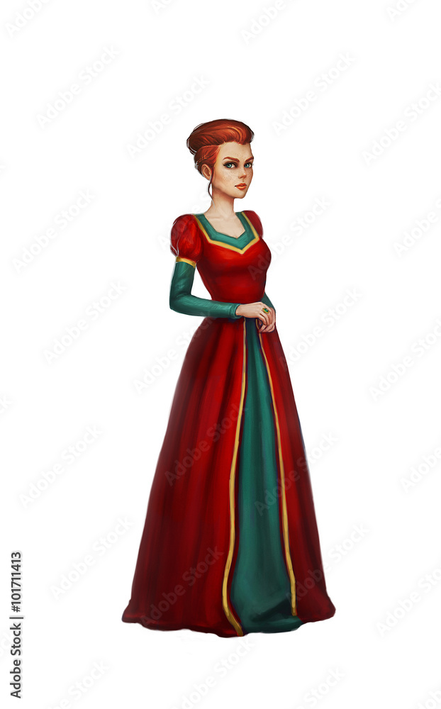 Illustration of fantasy princess in red dress realistic isolated