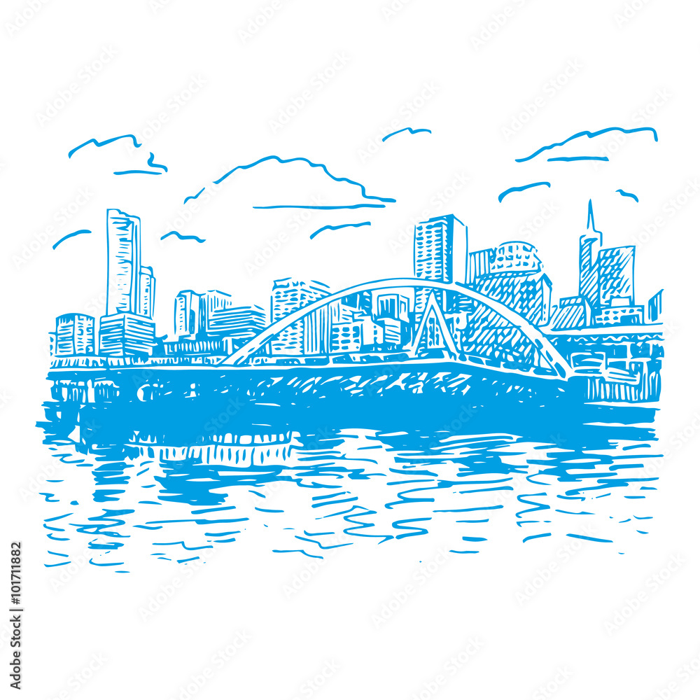 Obraz premium View of Melbourne, Australia. Southgate Footbridge across the river Yarra. Vector freehand pencil sketch.