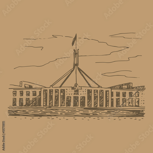 Parliament House in the Canberra, ACT, Australia. Vector freehand pencil sketch.