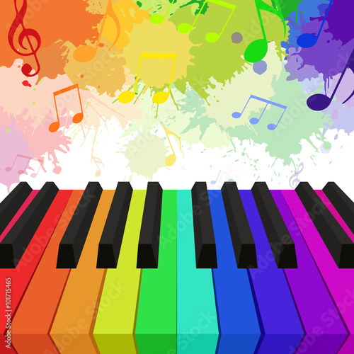 Illustration of rainbow colored piano keys,  musical notes 