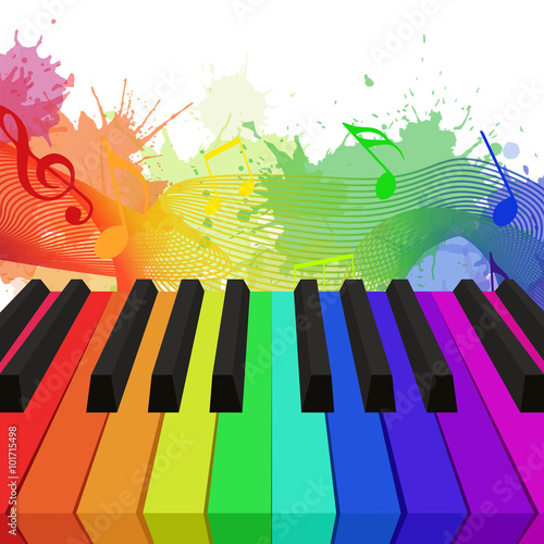 Illustration of rainbow colored piano keys,  musical notes 