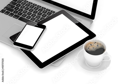 Laptop, phone, tablet pc and coffee.