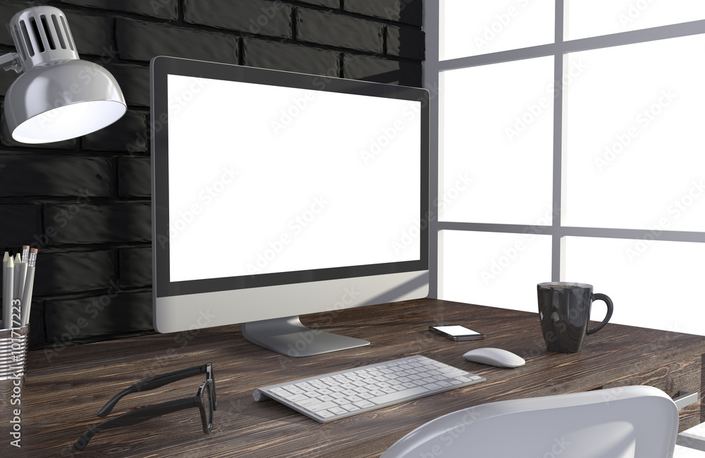 Fototapeta premium 3D illustration PC screen on table in office, Workspace
