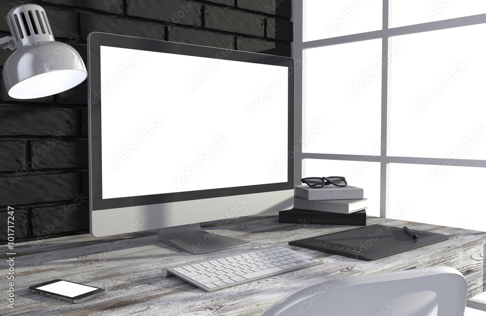 Fototapeta premium 3D illustration PC screen on table in office, Workspace