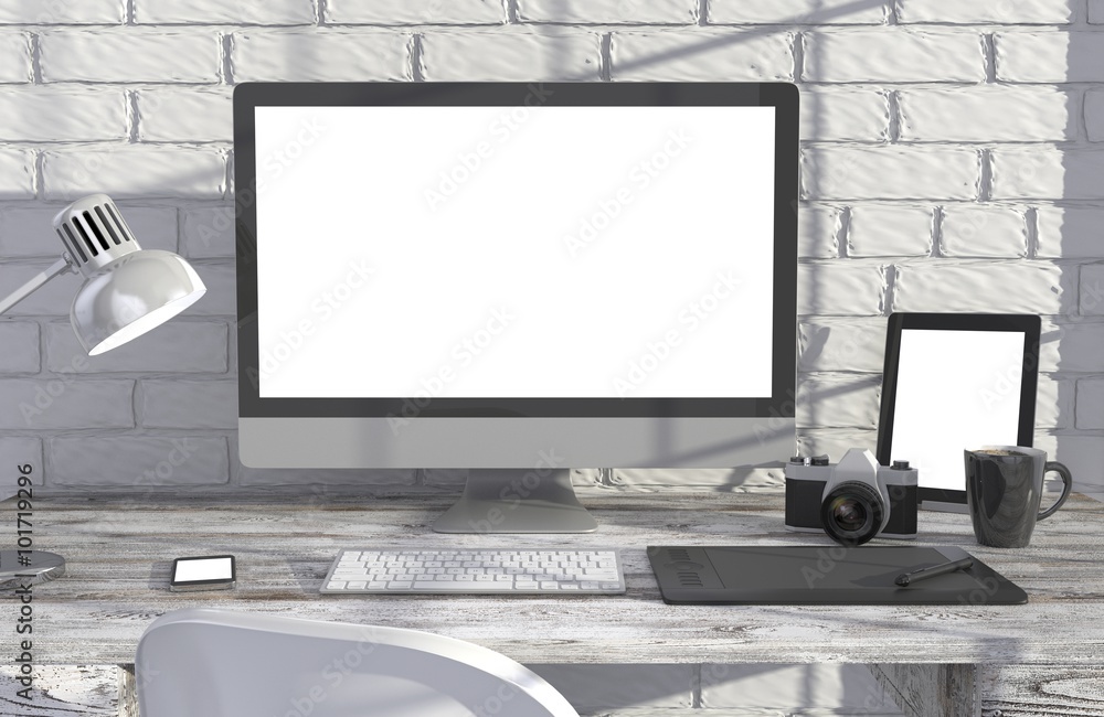 Fototapeta premium 3D illustration PC screen on table in office, Workspace