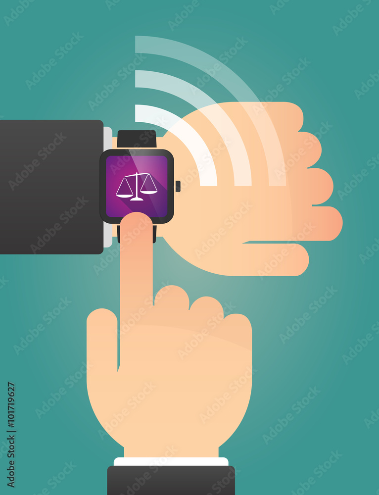 Hand pointing a smart watch with an unbalanced weight scale Hand pointing a smart watch with an unbalanced weight scale