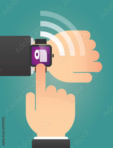 Hand pointing a smart watch with a toilet paper roll