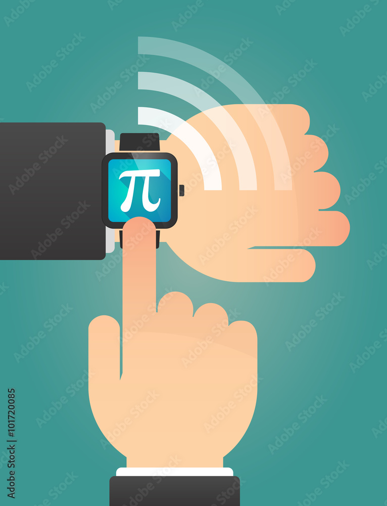 Hand pointing a smart watch with the number pi symbol Hand pointing a smart watch with the number pi symbol