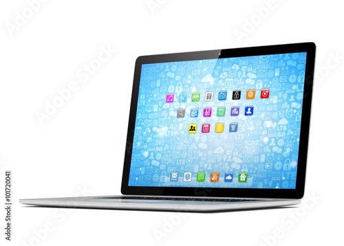 3d rendering of a laptop with blue wallpaper with app icon