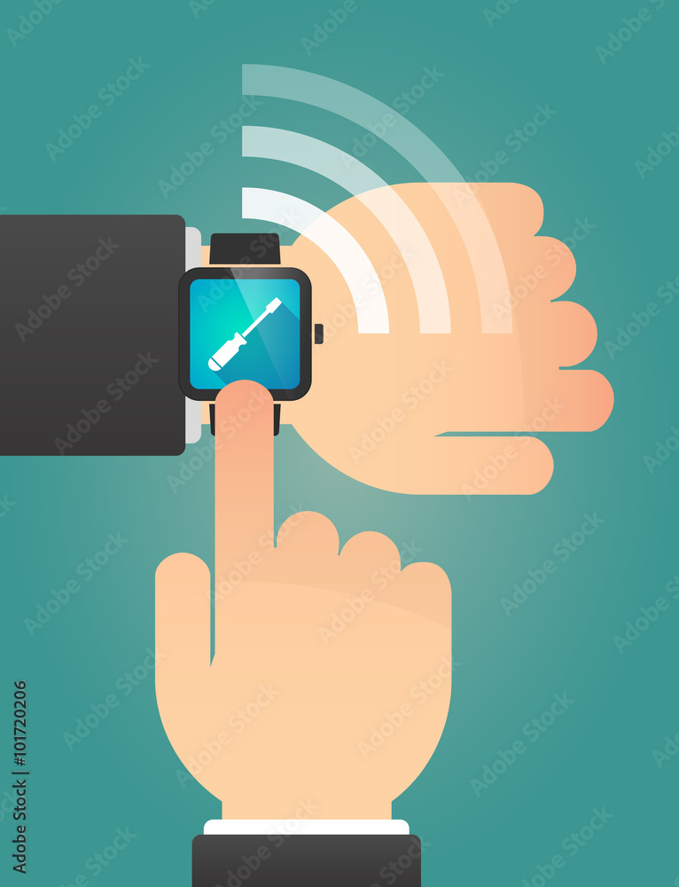 Hand pointing a smart watch with a screwdriver Hand pointing a smart watch with a screwdriver