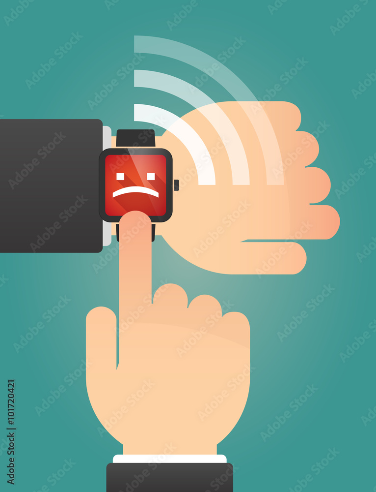 Hand pointing a smart watch with a sad text face Hand pointing a smart watch with a sad text face