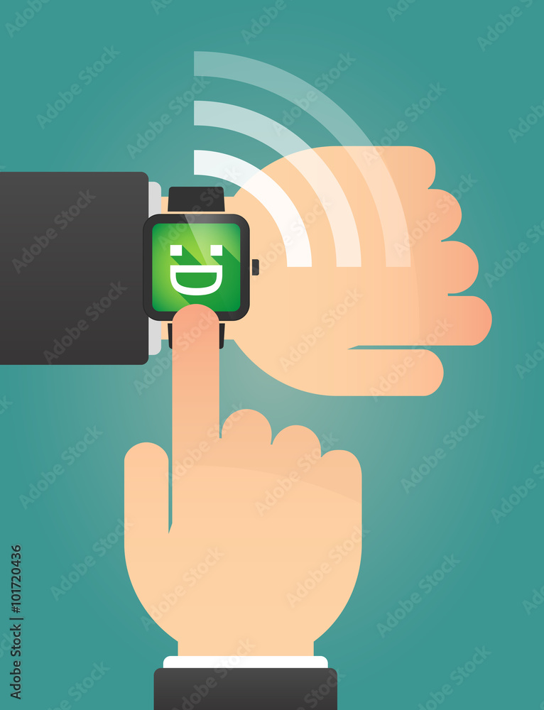 Hand pointing a smart watch with a laughing text face Hand pointing a smart watch with a laughing text face