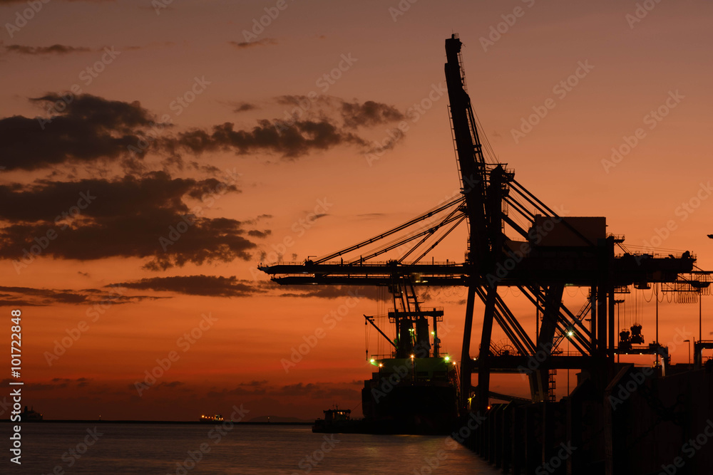 Silhouette of container cargo and crane bridge