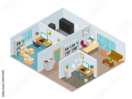 A vector illustration of a modern isometric office interior.  Isometric open plan office. © grimgram