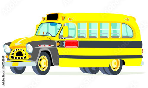 Caricatura autobus escolar Chevrolet 1955 amarillo vista frontal y lateral