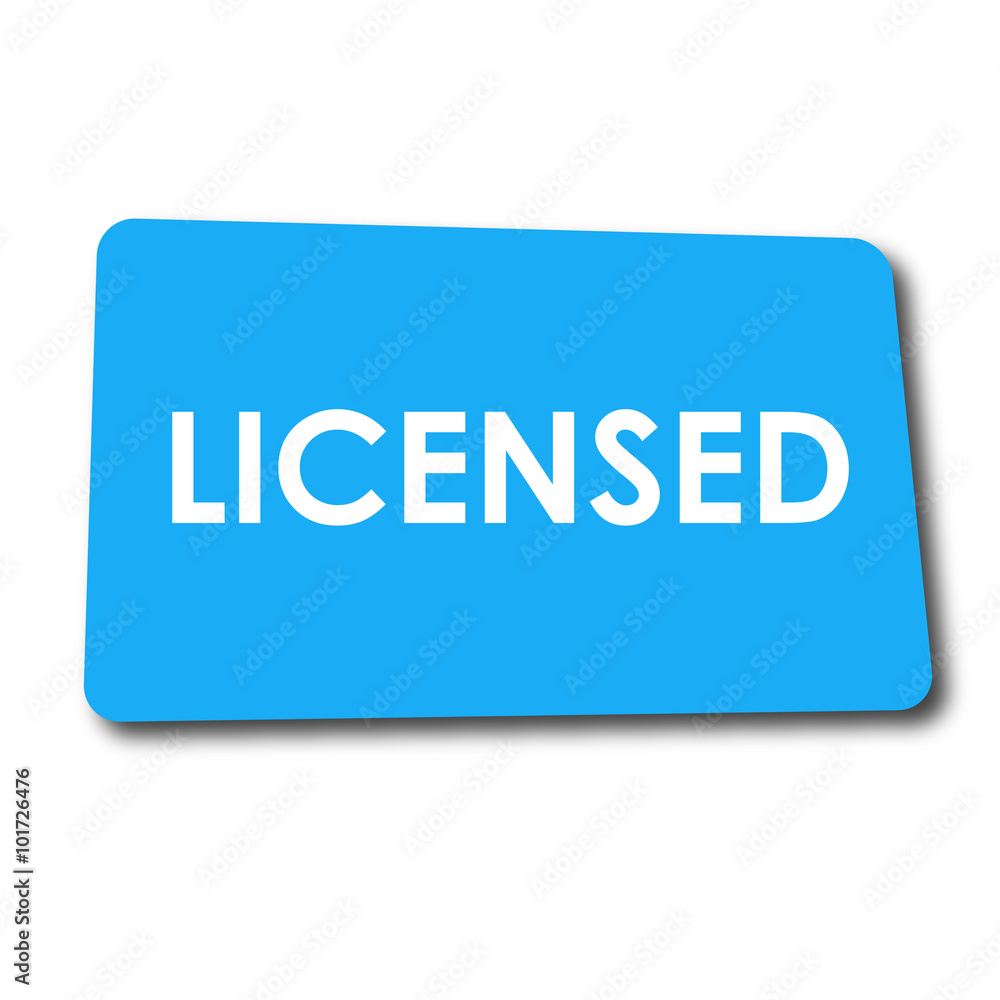 Icono plano LICENSED en rectangulo azul con sombra Icono plano LICENSED en rectangulo azul con sombra