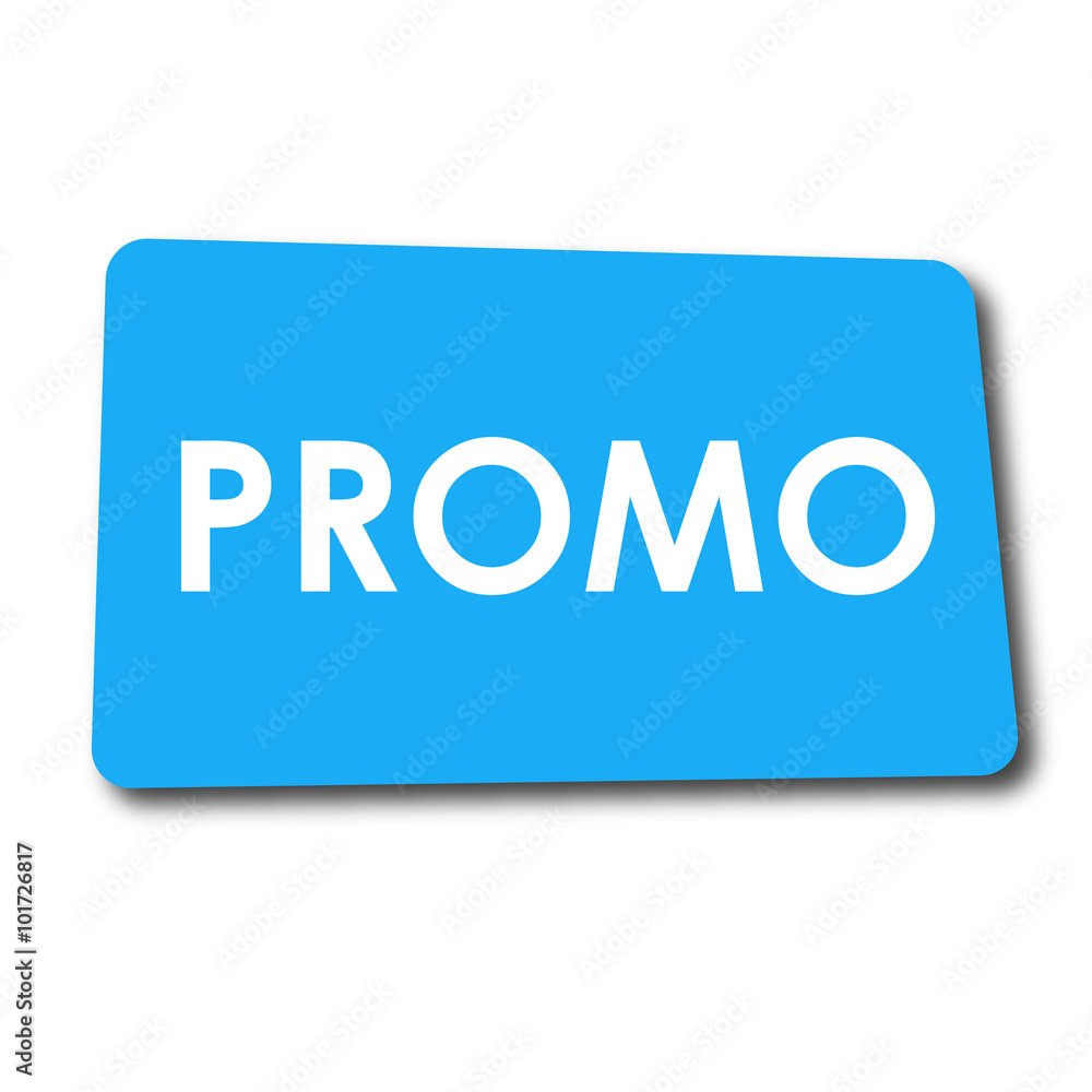 Icono plano PROMO en rectangulo azul con sombra Icono plano PROMO en rectangulo azul con sombra