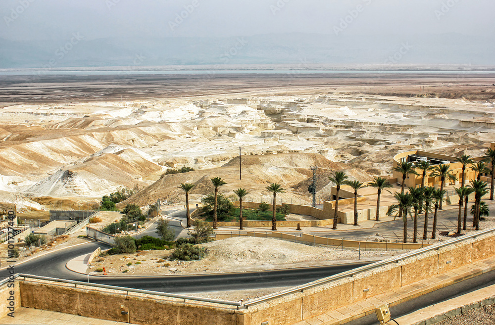 Israel landscape. Desert near Masada fortress and the Dead Sea.