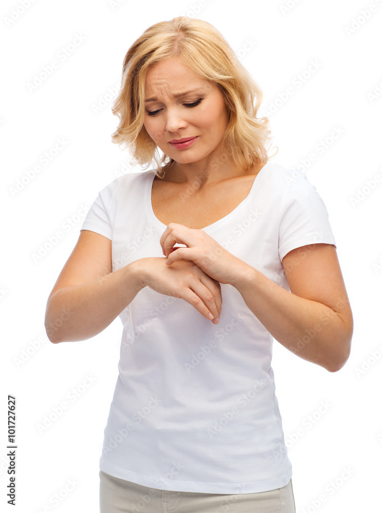 unhappy woman suffering from hand inch unhappy woman suffering from hand inch