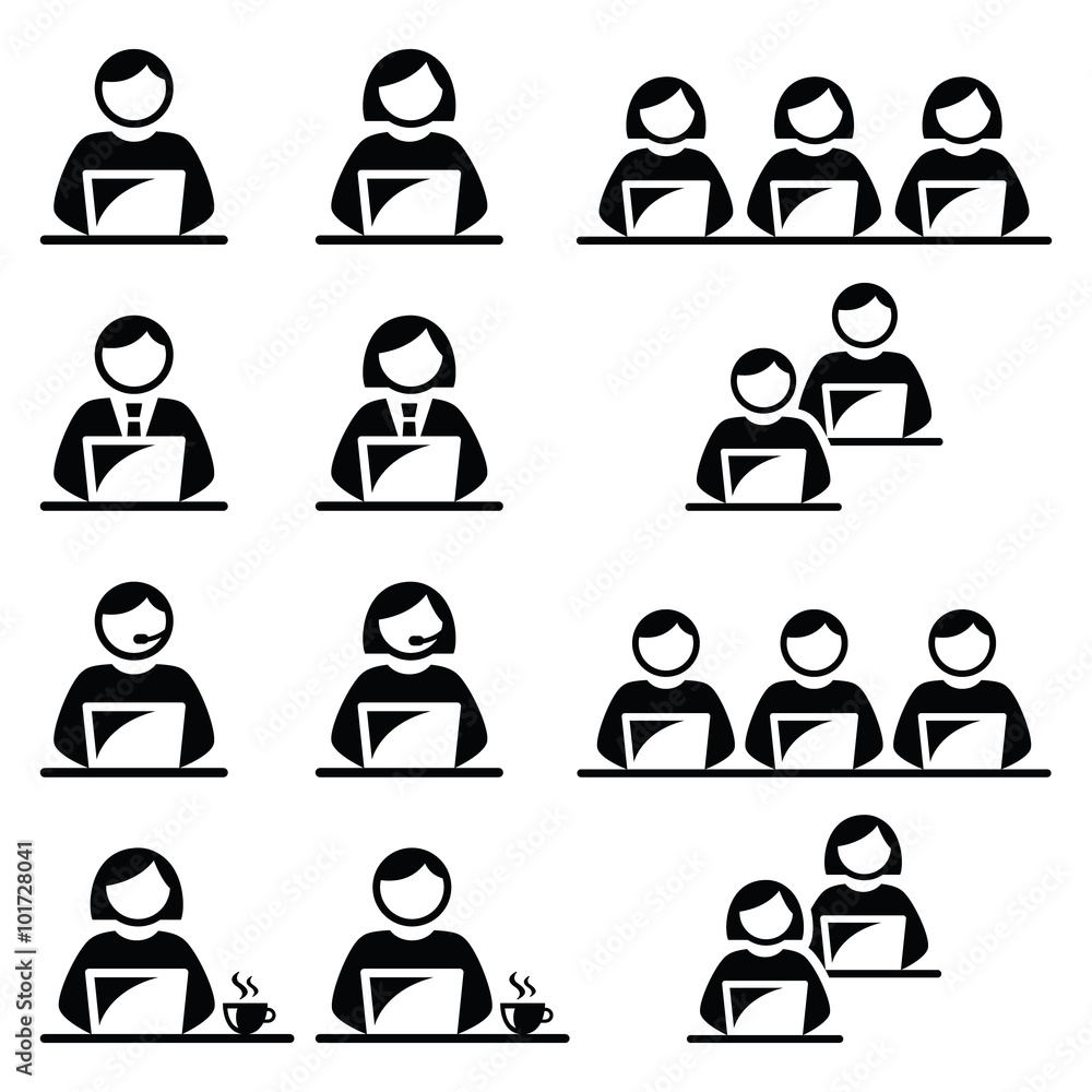 People working on laptop in office, call centre, school and cafe icons People working on laptop in office, call centre, school and cafe icons