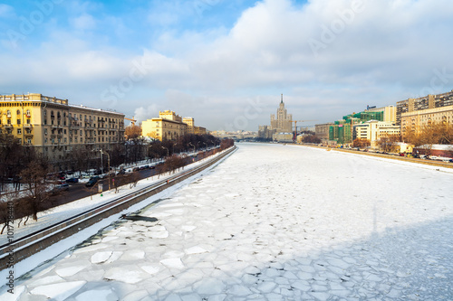 Moscow river covered with ice in winter