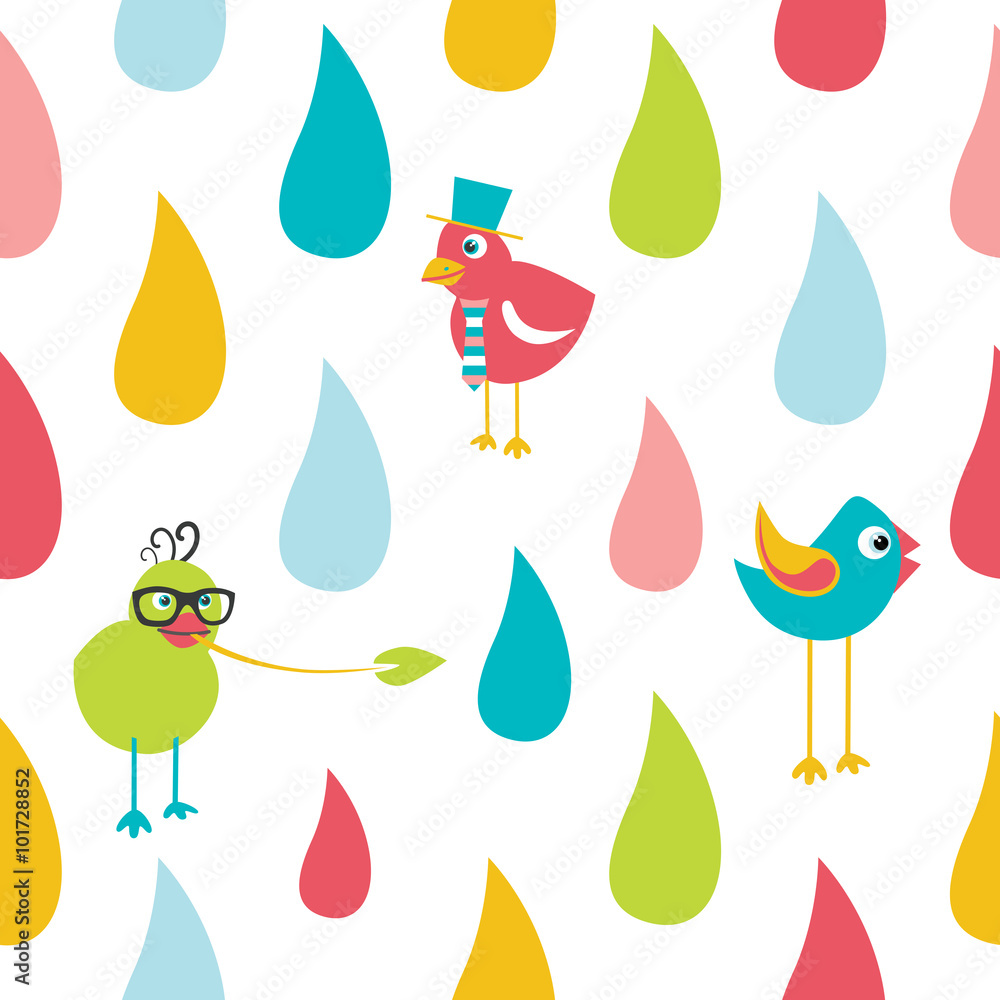 Color kid drops and birds pattern. Flat design repeat seamless background. Vector. Color kid drops and birds pattern. Flat design repeat seamless background. Vector.