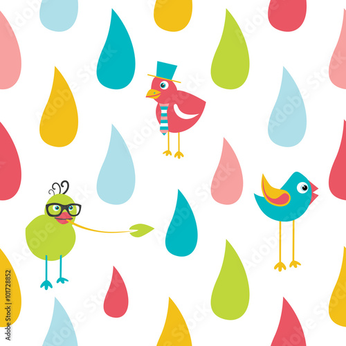 Color kid drops and birds pattern. Flat design repeat seamless background. Ve...