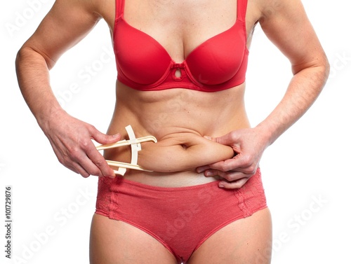 Woman measuring fat belly.