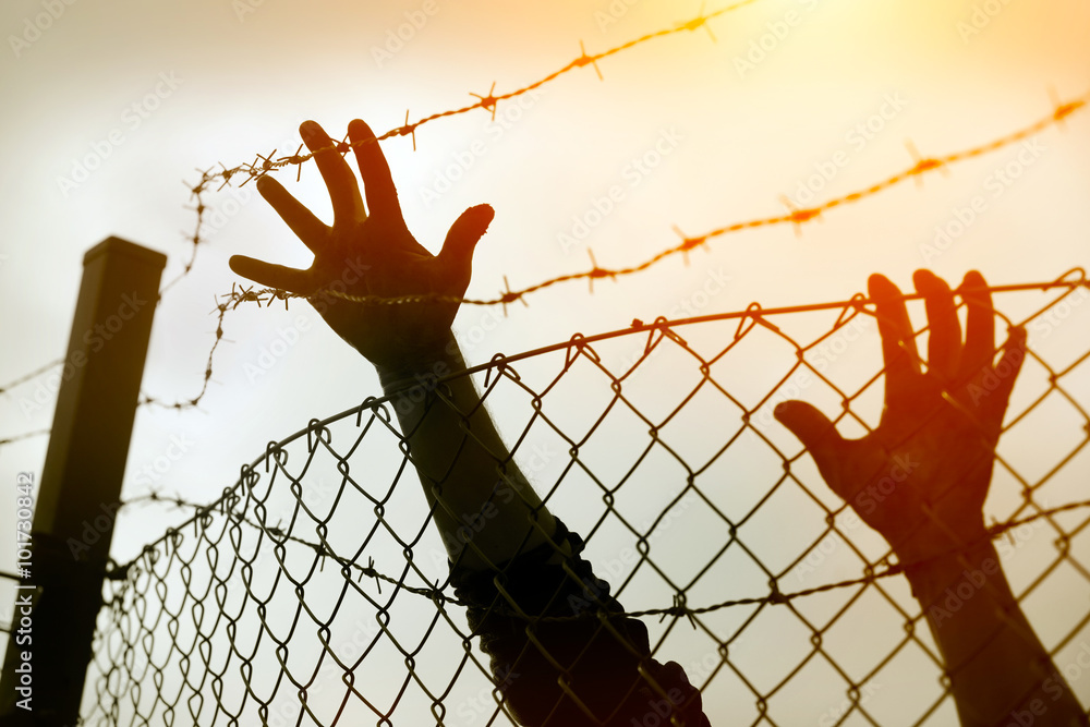 Fotografie Refugee men and fence. Refugee oncept