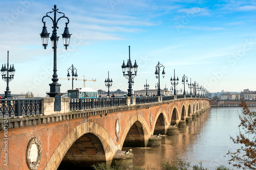 Bordeaux river bridge with St Michel cathedral, France