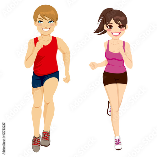 Illustration of beautiful young jogging couple happy running together