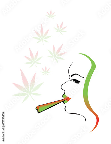 marijuana smoking woman illustration with cannabis leaf