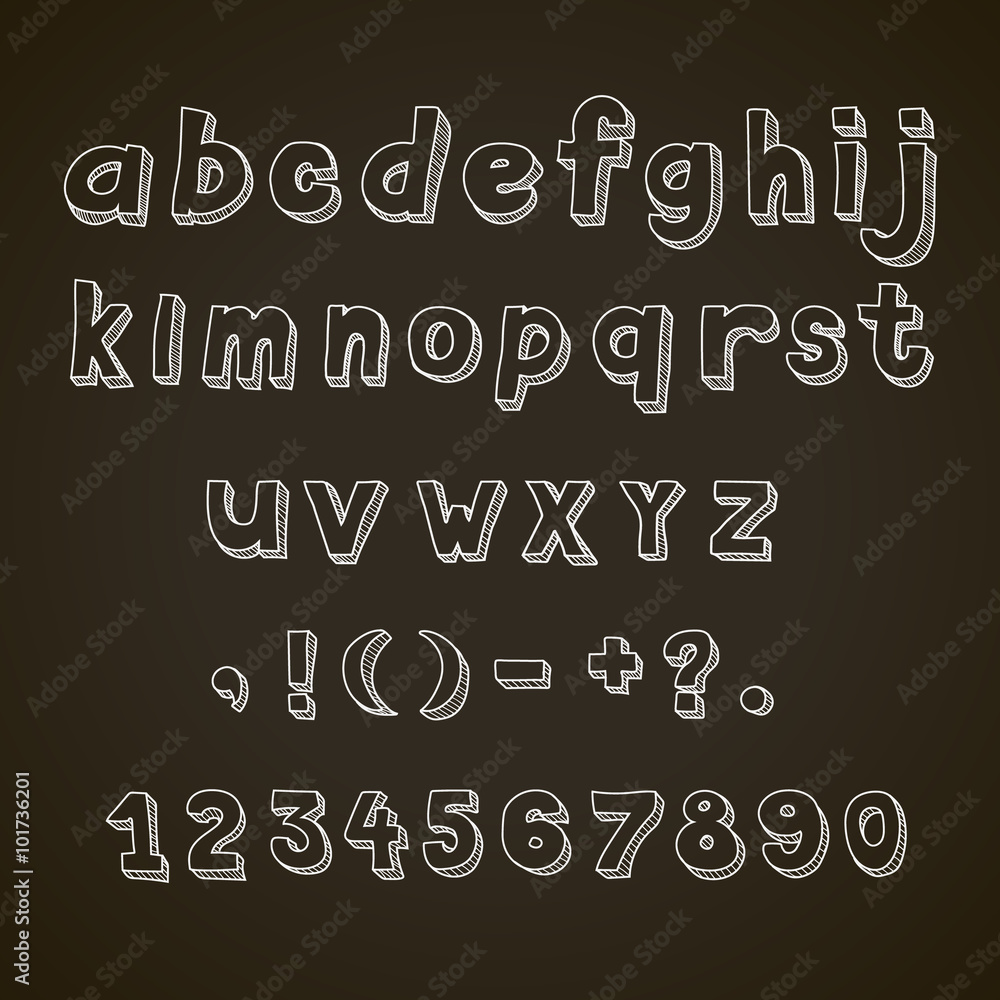 Hand drawn font, retro alphabet letters lowercase and punctuation on blackboard Hand drawn font, retro alphabet letters lowercase and punctuation on blackboard