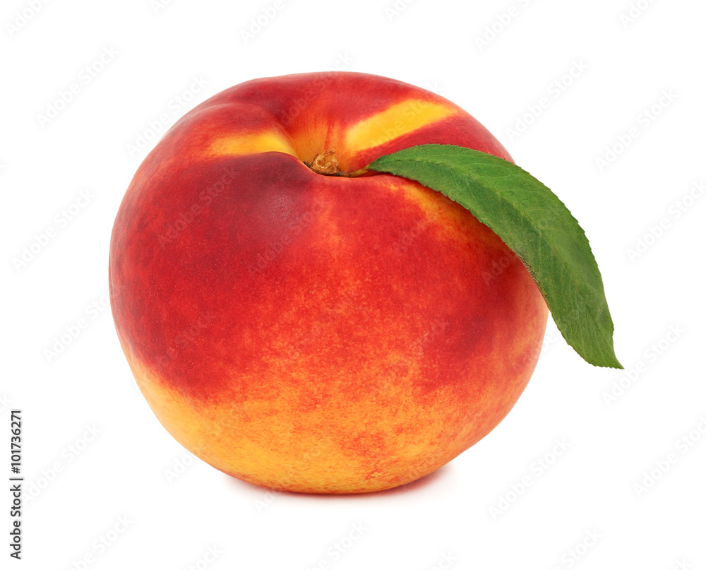 One whole ripe nectarine with green leaf (isolated) One whole ripe nectarine with green leaf (isolated)