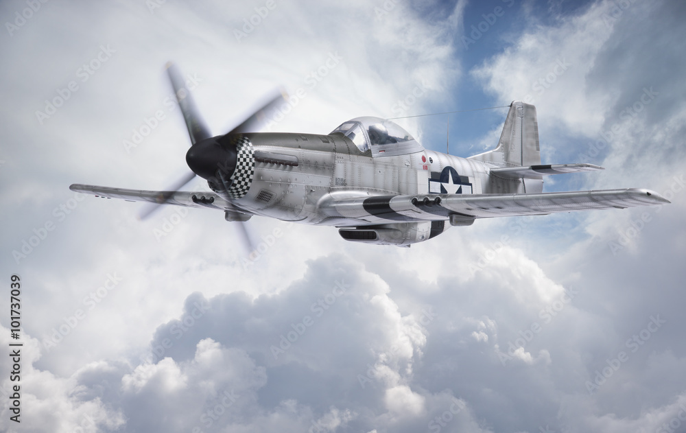 Fototapeta premium Myśliwiec z czasów II wojny światowej lata wśród chmur i błękitnego nieba