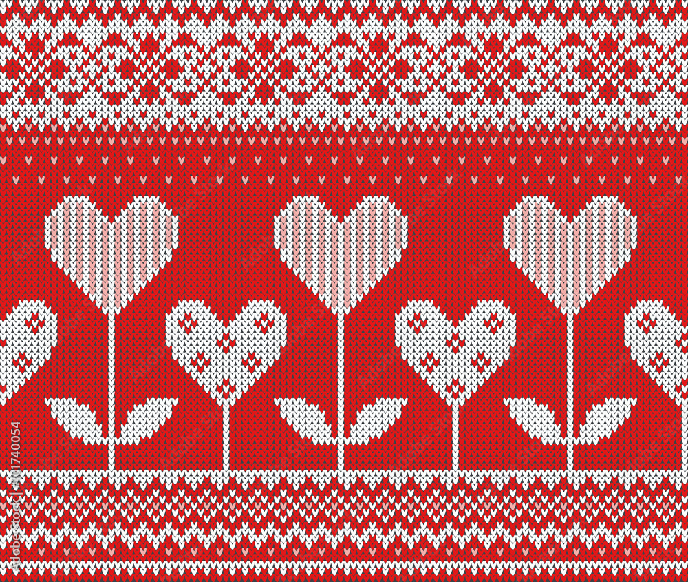 Seamless pattern on the theme of Valentine's Day with an image of the Norwegian patterns and hearts. Wool knitted texture